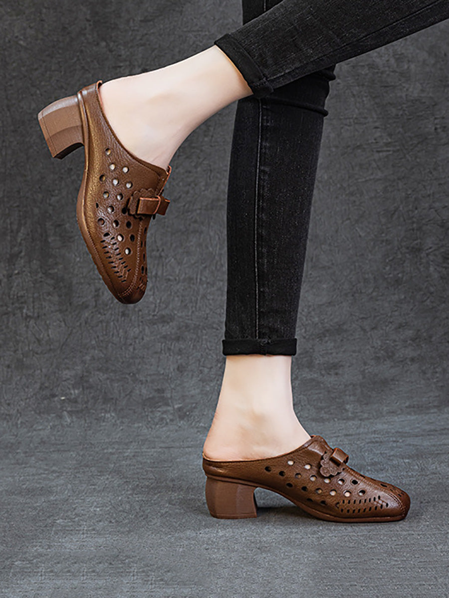 Women Summer Genuine Leather Hollow Out Mid Heel Slippers