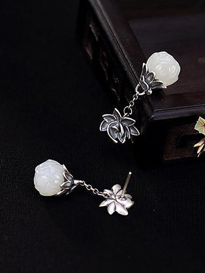 Women Vintage Allot Lotus Jade Earrings