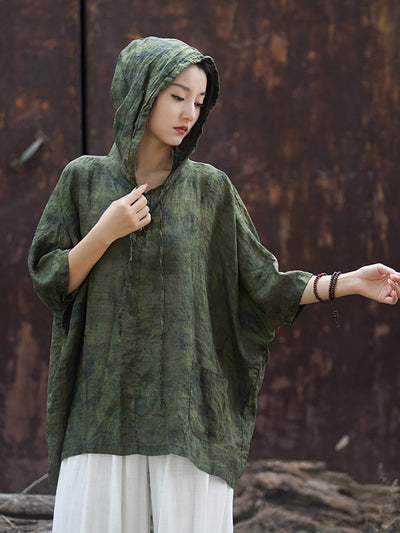 Plus Size Women Summer Vintage Tie-dye Batwing Sleeve Hooded Shirt