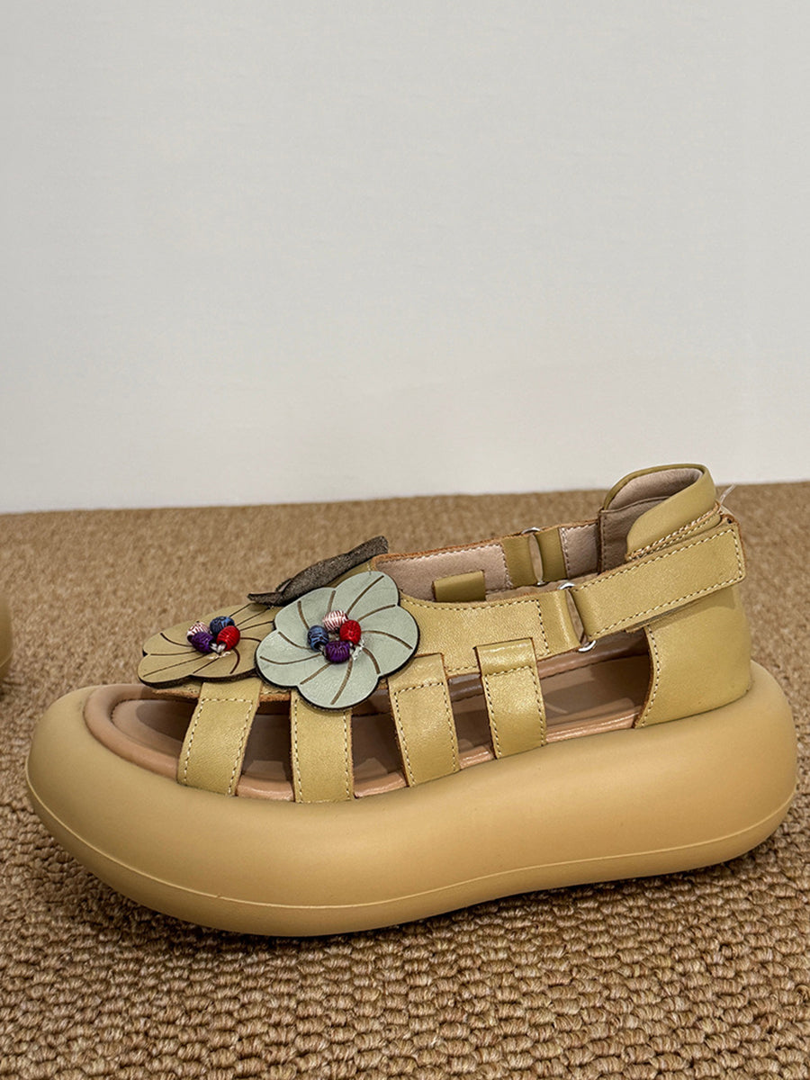 Women Casual Artsy Leather Flowe Platform Sandals