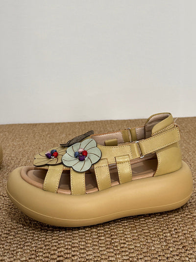 Women Casual Artsy Leather Flowe Platform Sandals
