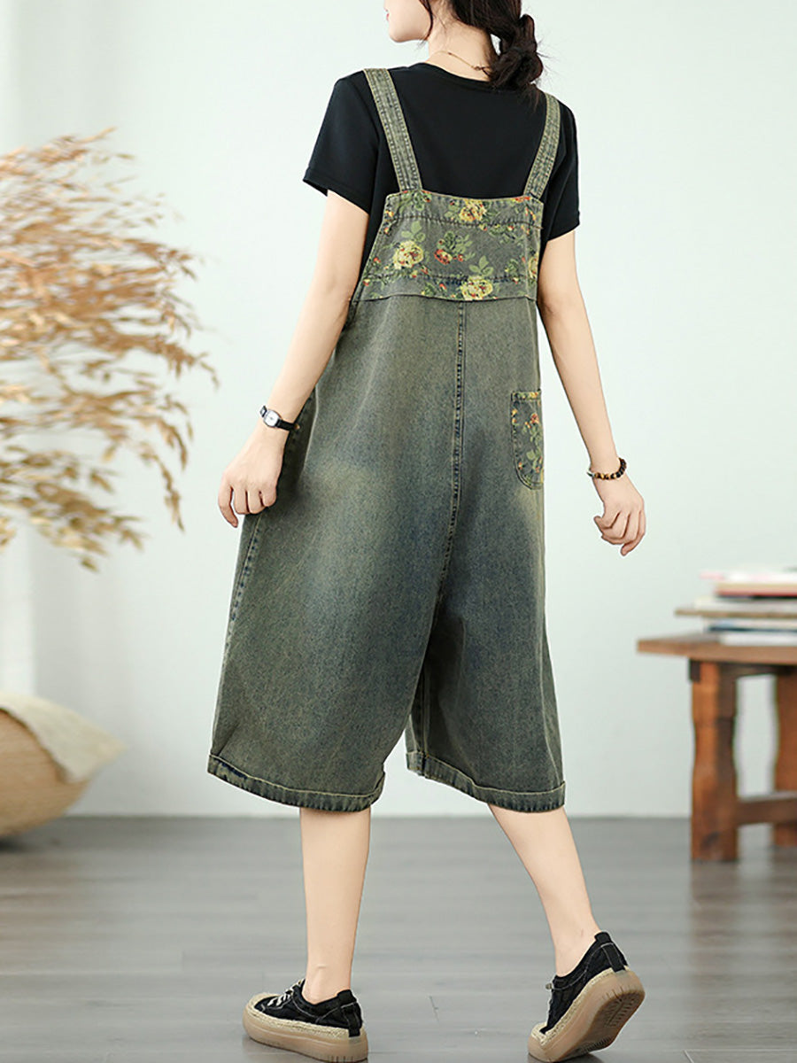 Women Summer Flower Spliced Denim Fifth Jumpsuits