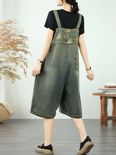 Women Summer Flower Spliced Denim Fifth Jumpsuits