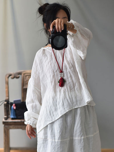 Plus Size Women Spring Retro V-Neck Puff Sleeve Shirt