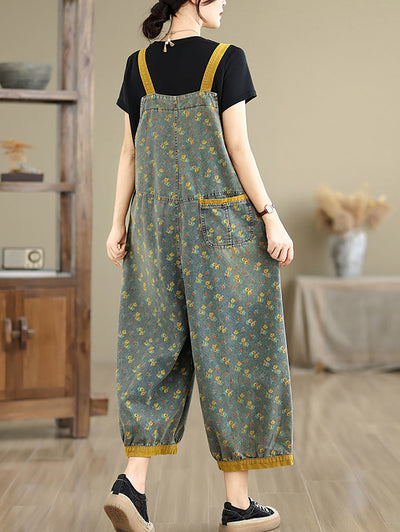Women Summer Casual Floral Denim Wide-leg Jumpsuits