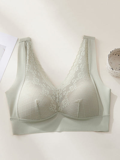 Women Artsy Pure Color Lace Satin Seamless Bra
