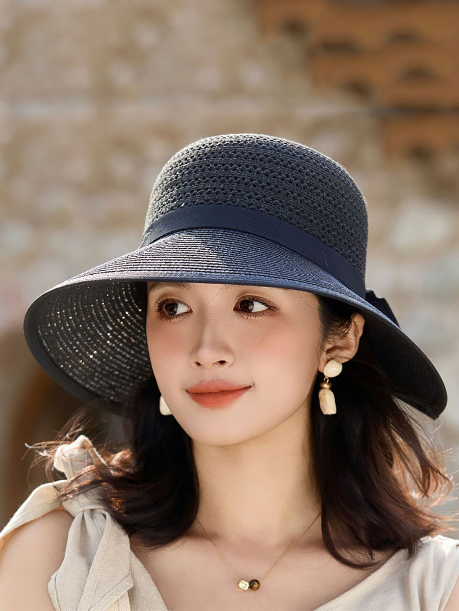 Women Summer Bowknot Straw Weave Sunproof Hat