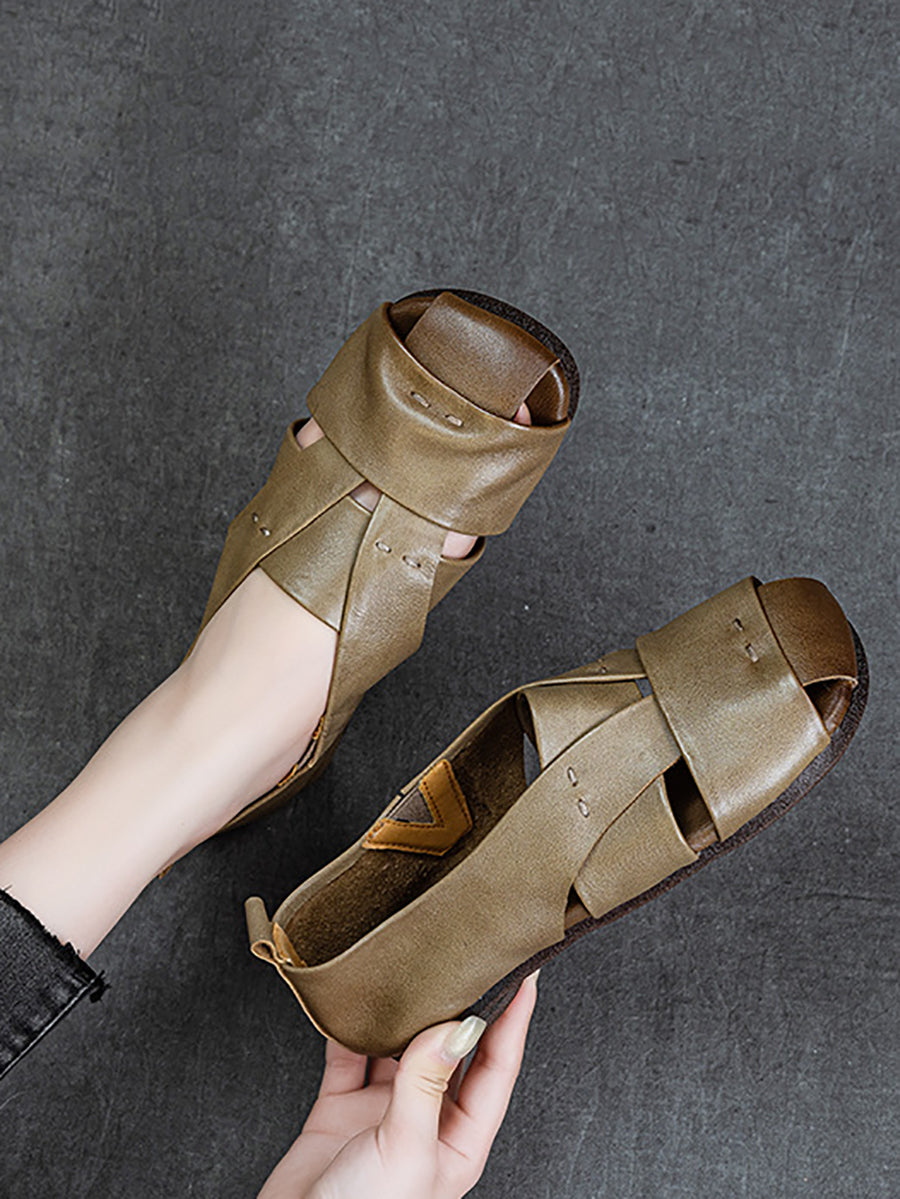 Women Vintage Genuine Leather Flat Sandals