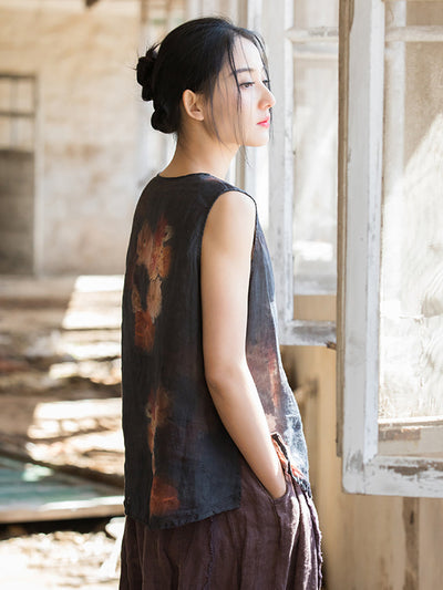 Women Summer Retro Flower Button Ramie Vest