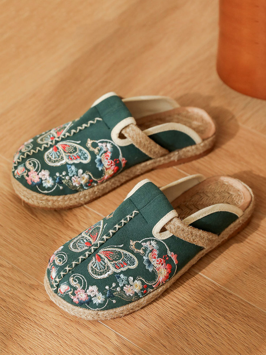 Women Ethnic Summer Butterfly Embroidery Linen Slippers