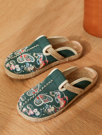 Women Ethnic Summer Butterfly Embroidery Linen Slippers