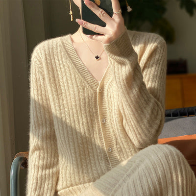 Women Autumn 100%Wool V-Neck Knit Cardigan Sweater