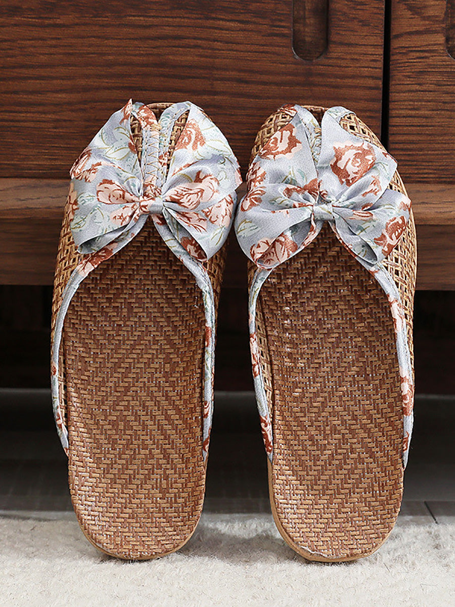 Women Ethnic Straw Weave Flower Bowknot Indoor Slippers