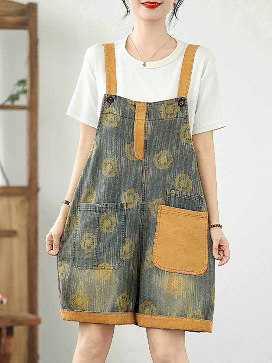 Women Summer Flower Colorblock Denim Short Jumpsuits
