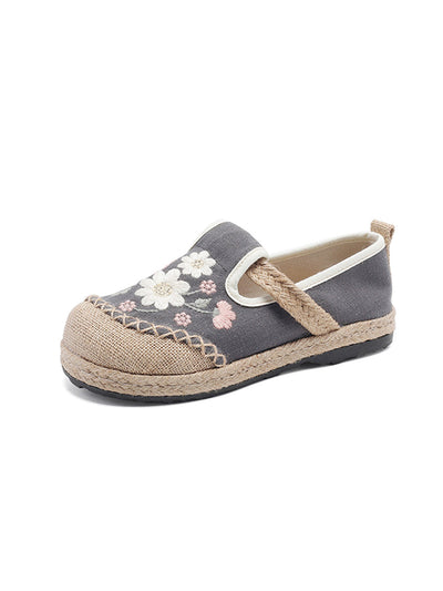Women Ethnic Flower Embroidery Linen Flat Shoes