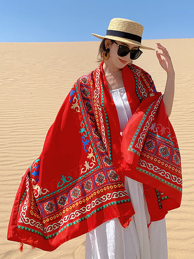 Women Ethnic Print Tassel Shawl Scarf