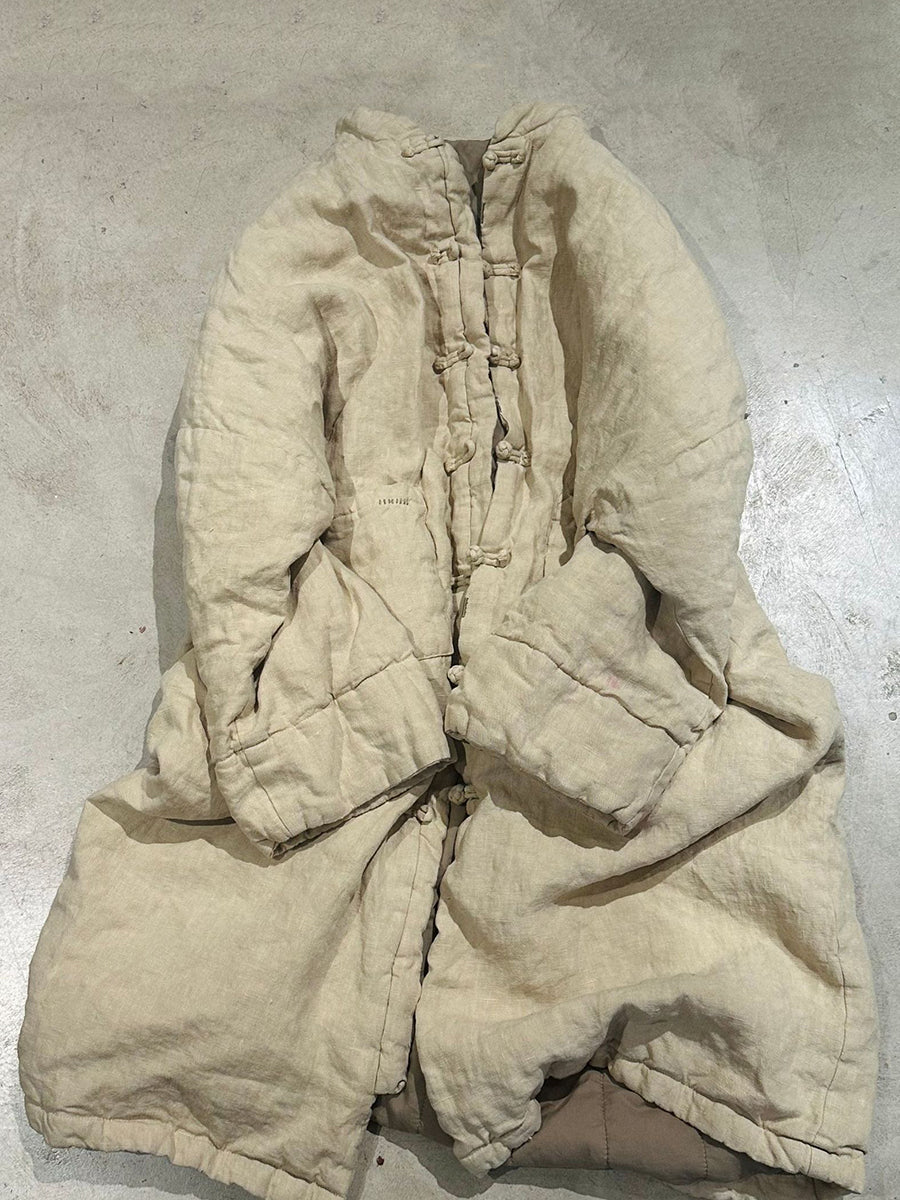 Women Winter Casual Pure Color Linen Padded Long Coat