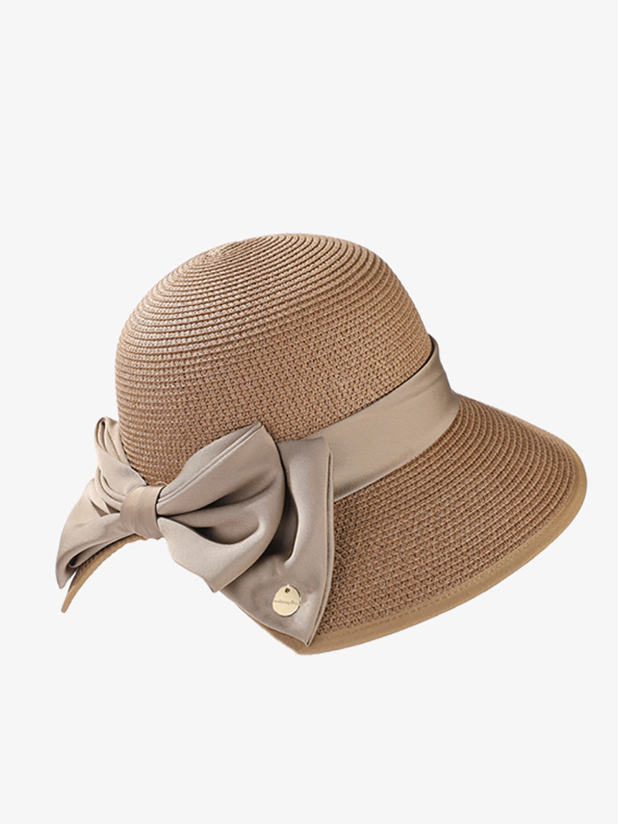 Women Straw Weave Stain Bowknot Sunproof Hat