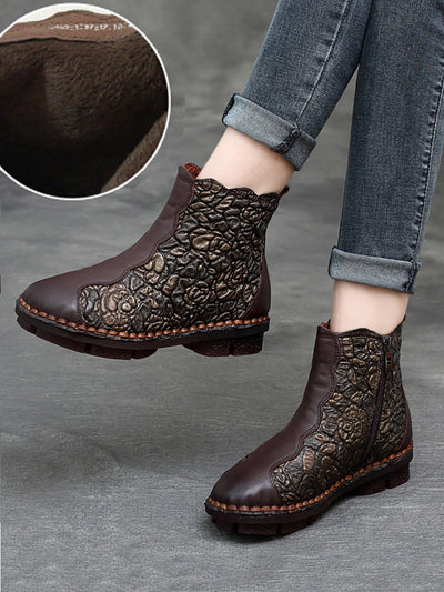 Women Retro Flower Leather Spliced Zipper Low Heel Boots