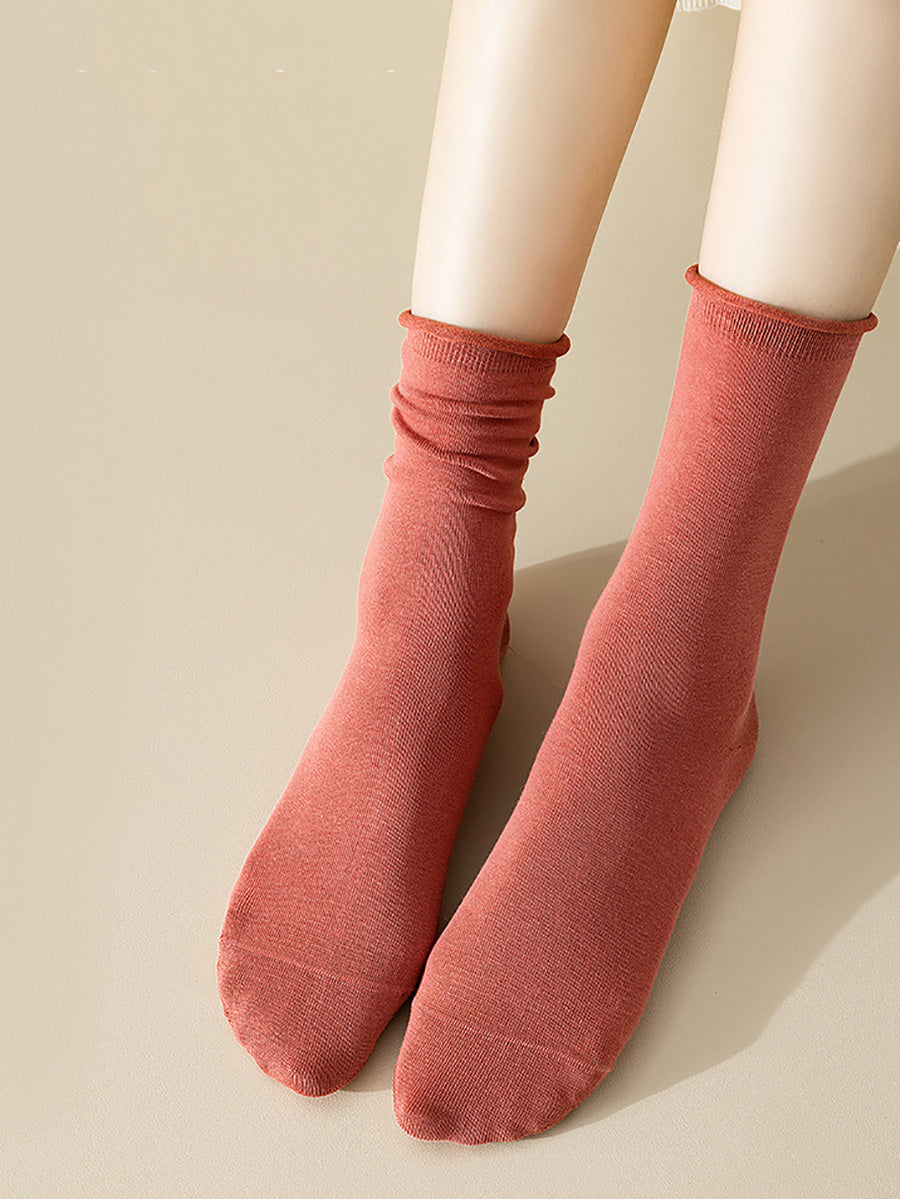 5 Pairs Women Casual Solid Cotton Mid-leg Socks
