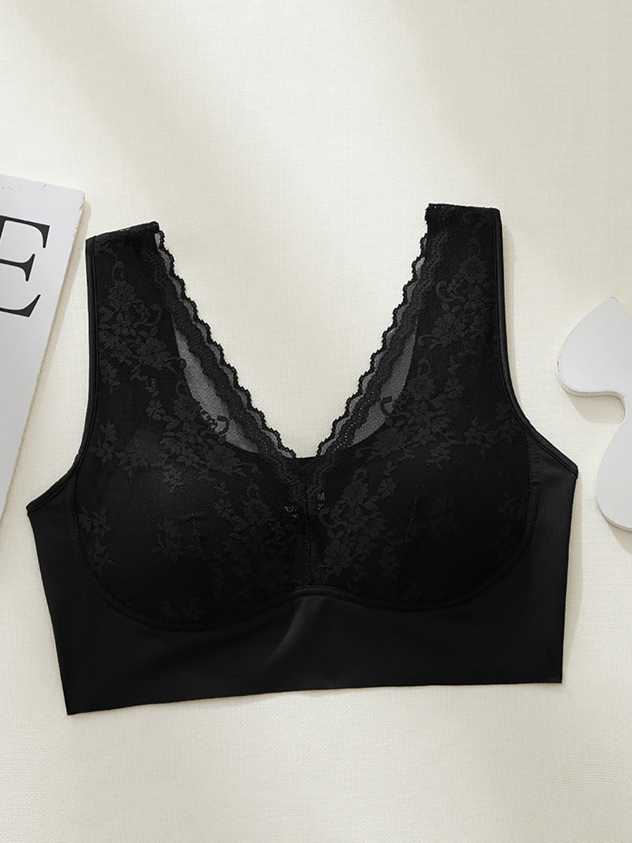 Women Artsy Pure Color Lace Satin Seamless Bra