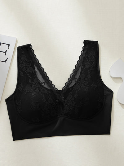 Women Artsy Pure Color Lace Satin Seamless Bra