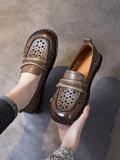 Women Summer Genuine Leather Stitching Low Heel Shoes