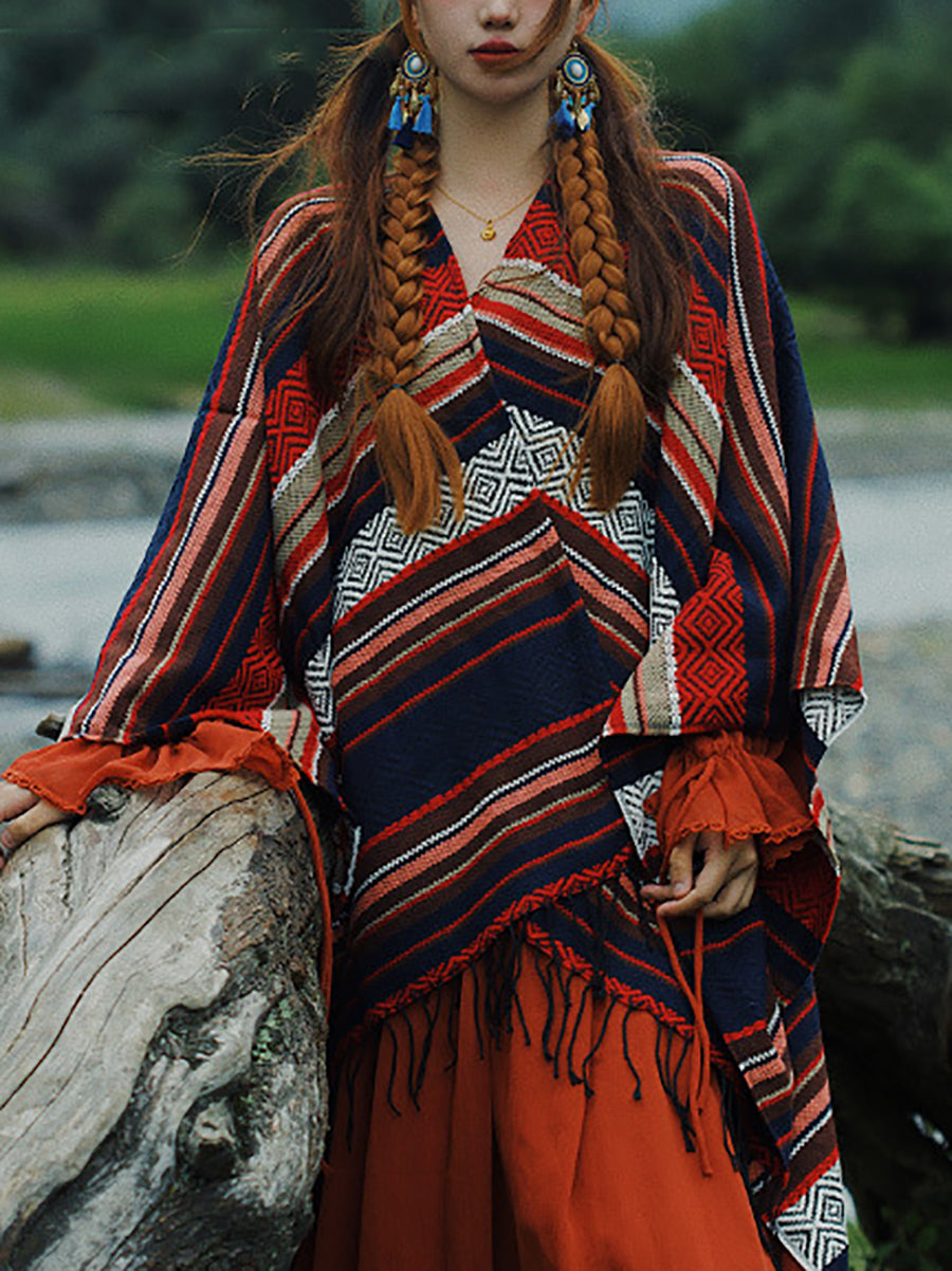 Women Ethnic Colorblock Stripe Tassel Shawl Scarf