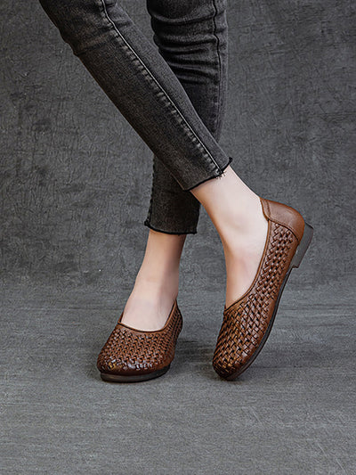 Women Summer Vintage Leather Weave Low Heel Shoes