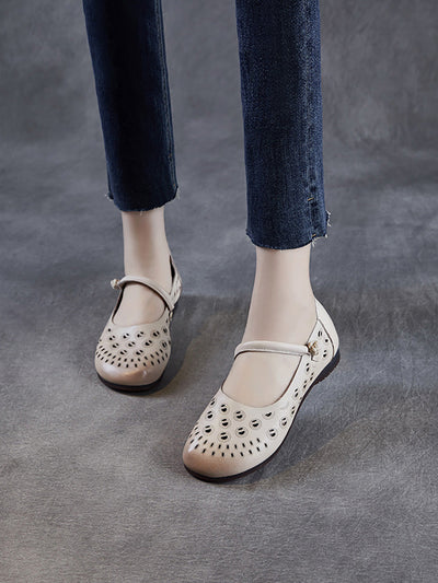 Women Summer Genuine Leather Hollow Out Low Heel Shoes