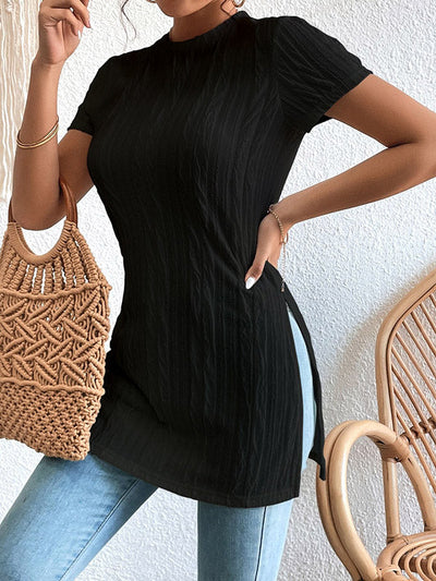 Short Sleeves Pleated Solid Color Split-Joint Split-Side Round-Neck T-Shirts