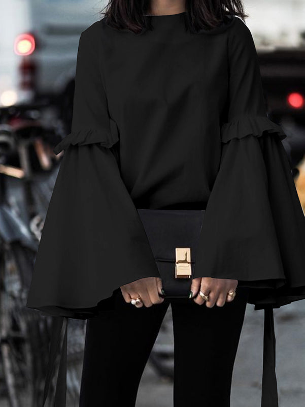 Flared Sleeves Loose Ruffled Solid Color Split-Joint Round-Neck T-Shirts Tops
