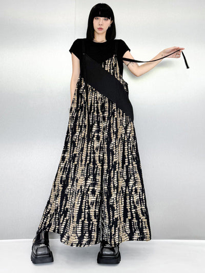 Loose Sleeveless Asymmetric Contrast Color Printed Split-Joint Spaghetti-Neck Overalls