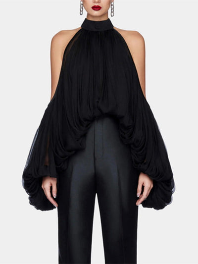 Long Sleeves Loose Pleated Solid Color Tied Halter-Neck Blouses&Shirts Tops