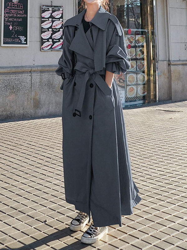 Long Sleeves Loose Buckle Buttoned Split-Back Tied Waist Lapel Outerwear Trench Coats