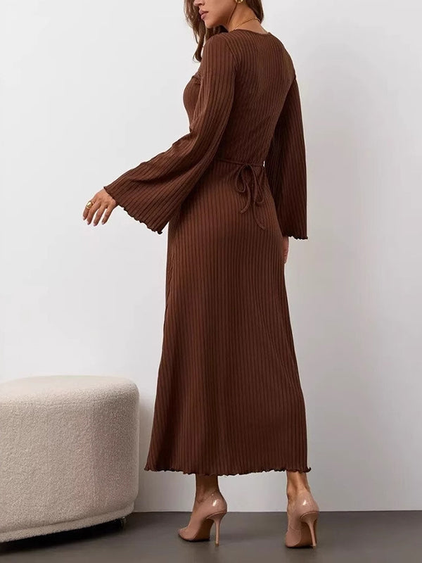 Long Sleeves Pleated Ruffled Solid Color Split-Joint Round-Neck Maxi Dresses