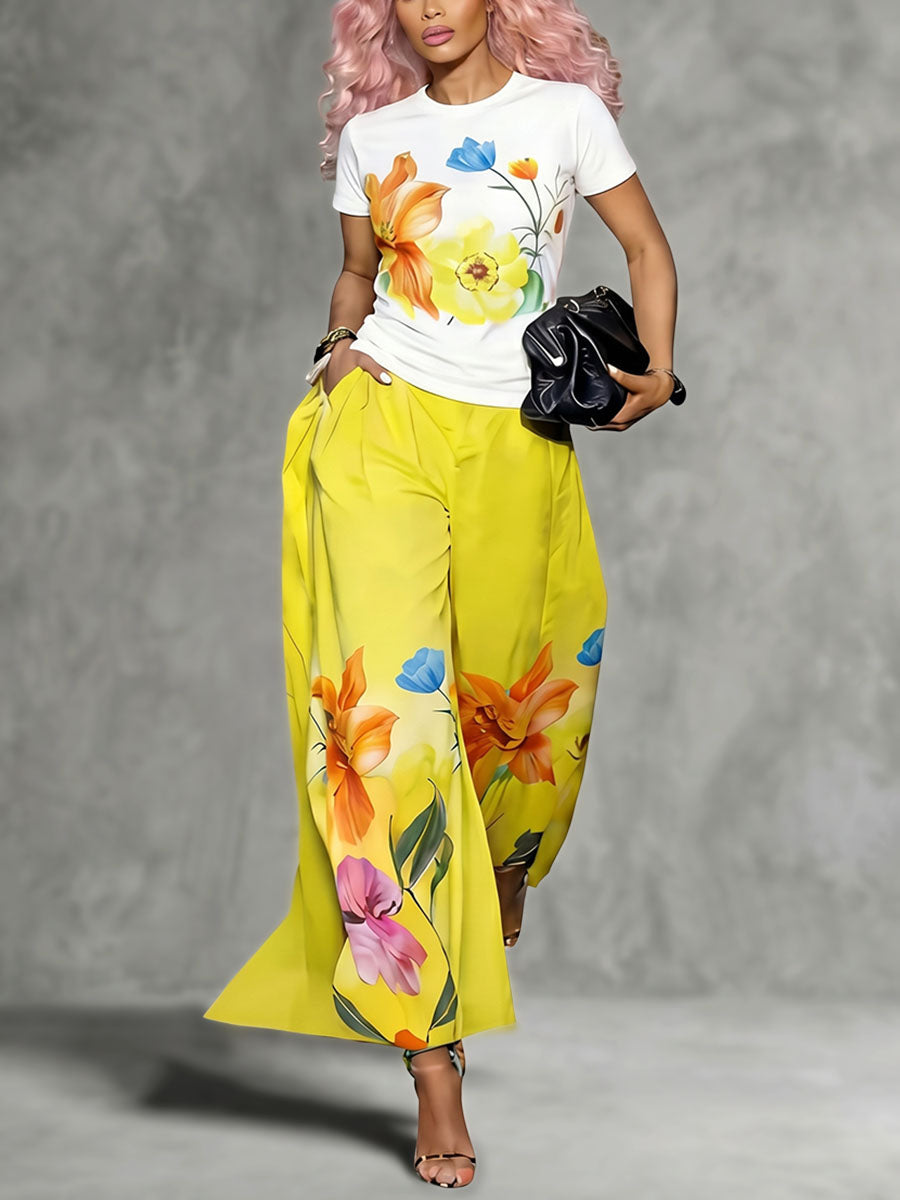 High Waisted Loose Flower Print Pockets Solid Color Pants Trousers