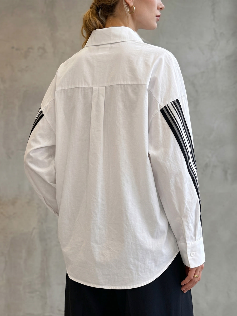 Long Sleeves Loose Buttoned Contrast Color Pockets Split-Joint Webbing Lapel Blouses&Shirts Tops