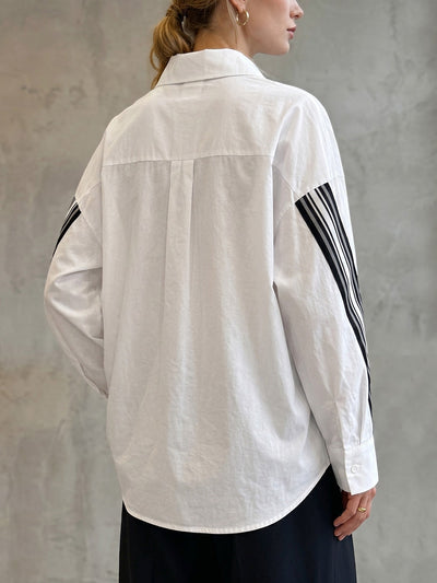 Long Sleeves Loose Buttoned Contrast Color Pockets Split-Joint Webbing Lapel Blouses&Shirts Tops