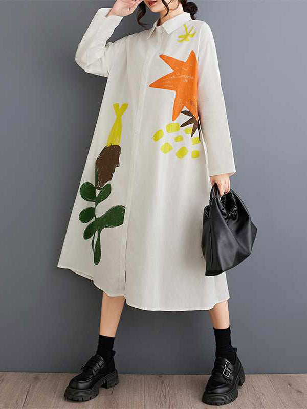 A-Line Long Sleeves Buttoned Pockets Printed Split-Joint Lapel Midi Dresses Shirt Dress