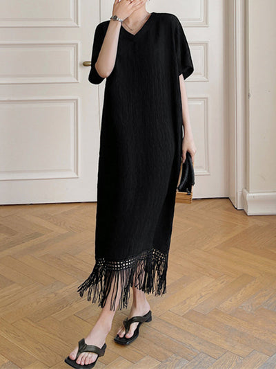 Loose Short Sleeves Solid Color Split-Joint Tasseled V-Neck Midi Dresses