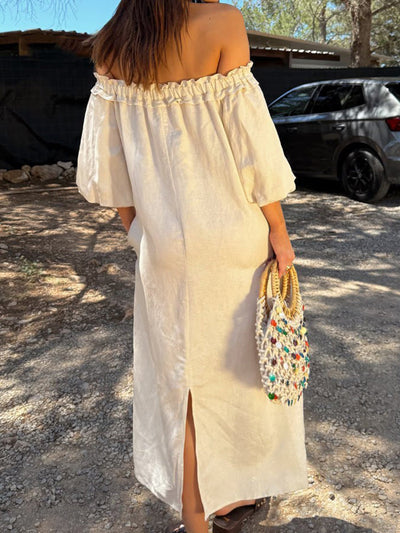 A-line Long Sleeves Contrast Color Pleated Pockets Printed Split-back Split-Joint Off-the-shoulder Maxi Dresses