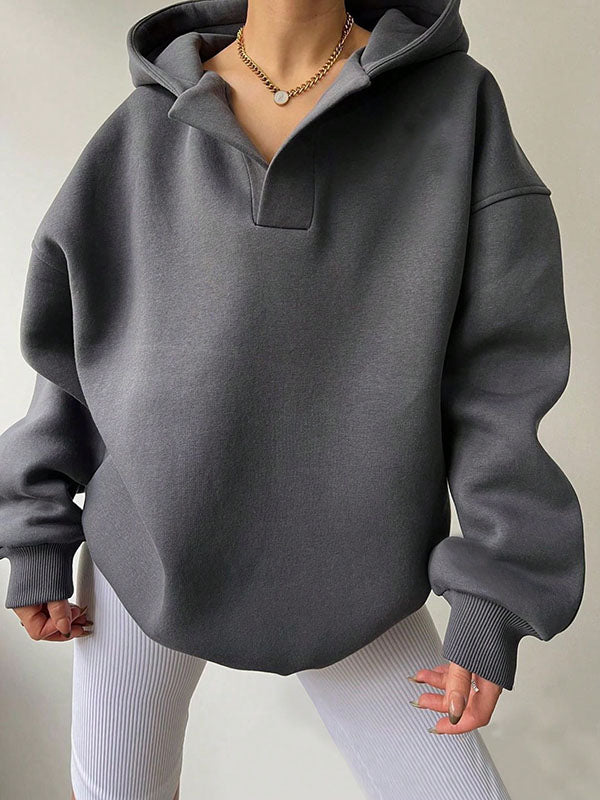Loose Puff Sleeves Solid Color Split-Joint Hooded Hoodies Tops