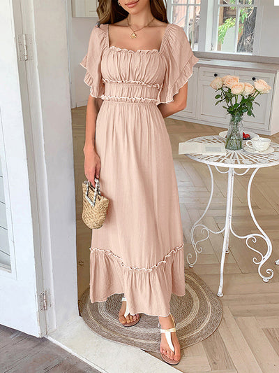 A-Line High Waisted Pleated Ruffle Trim Split-Joint Zipper Square-Neck Midi Dresses
