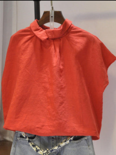 Artistic Retro Short Sleeves Loose Pleated Solid Color Blouses&Shirts Tops