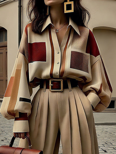 Long Sleeves Loose Buttoned Contrast Color Plaid Lapel Blouses&Shirts Tops