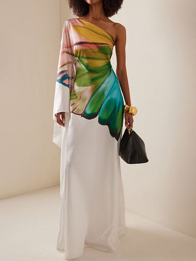 Long Sleeves Loose Asymmetric Flower Print One-Shoulder Maxi Dresses