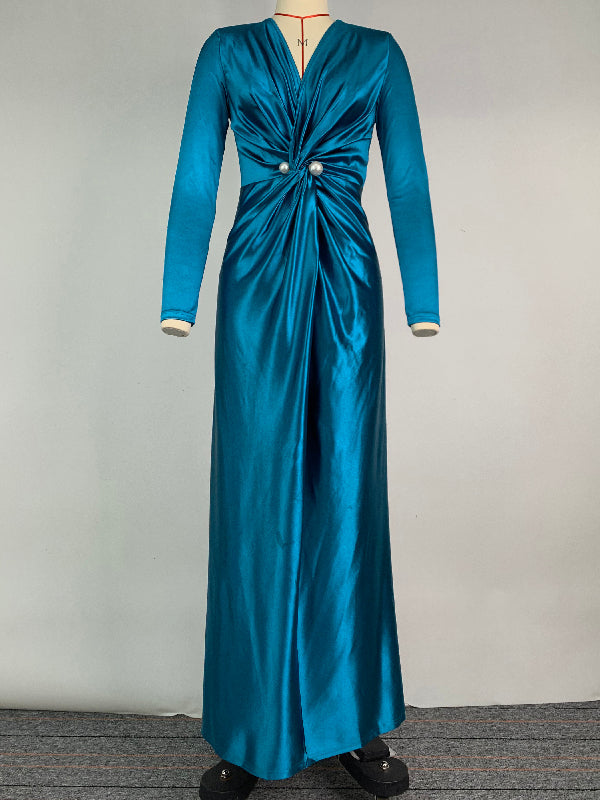 Solid Color Bodycon Long Sleeves Pleated  Split-Front Tied Waist Deep V-Neck Maxi Dresses