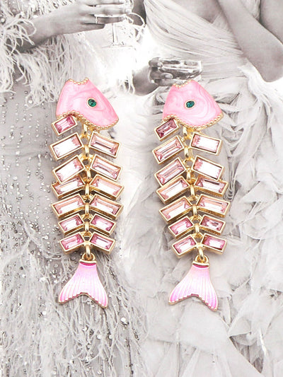 Fish Bones Rhine Stones Shiny Earrings Accessories