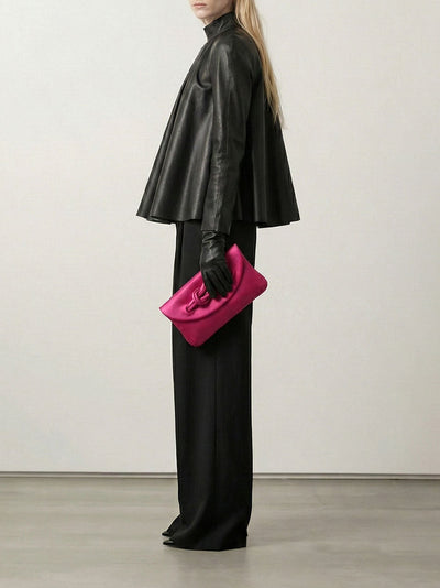 A-line Long Sleeves Big Hemline Solid Color Stand Collar Leather Top